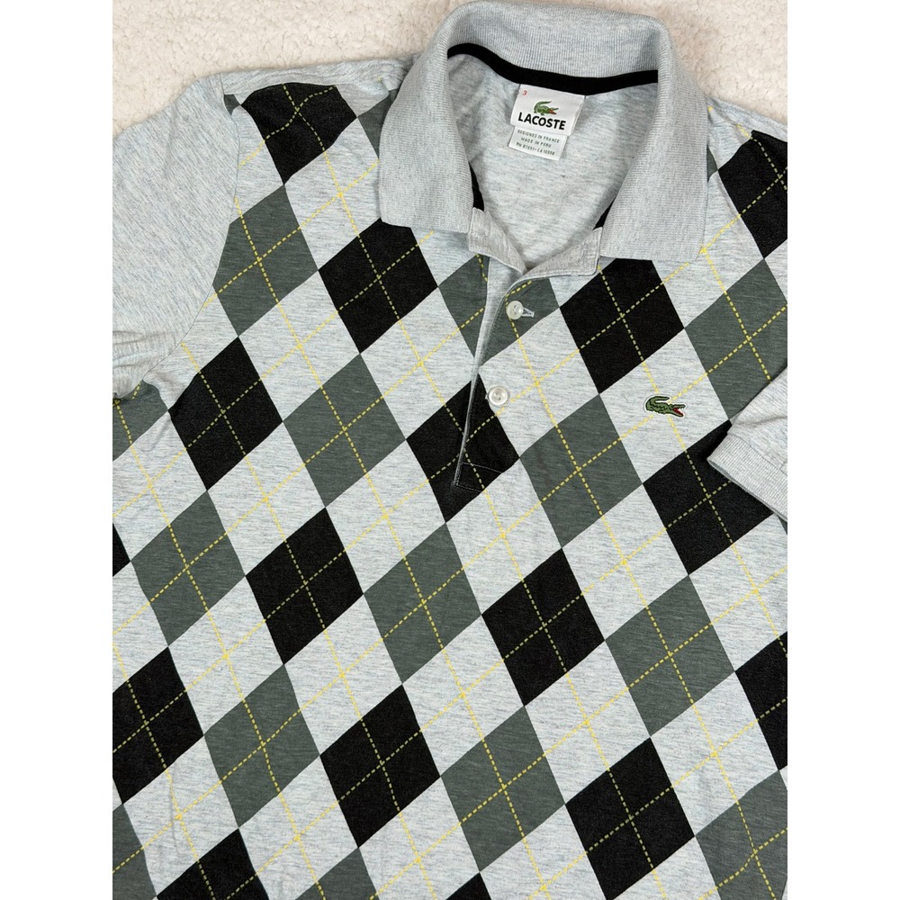 Lacoste‎ Mens Sz 3 Small Argyle Polo Shirt Grey Black Green Cotton Short Sleeve